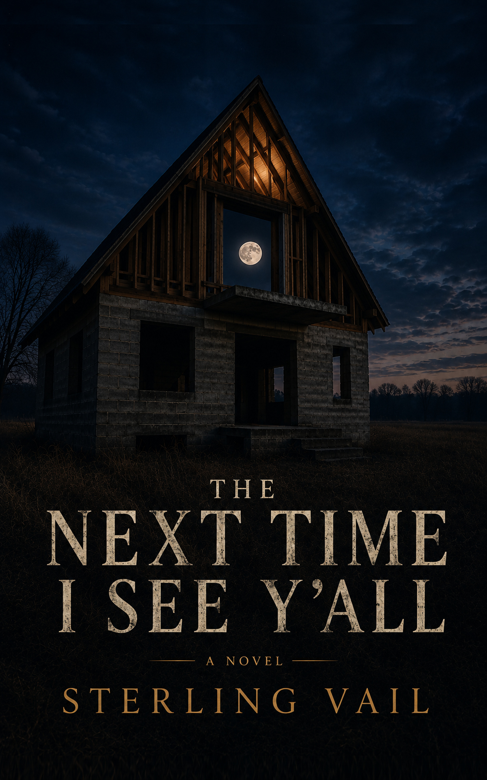 Cover of The Next Time I See Y’all by Sterling Vail: an unfinished A-frame house at night with a pale moon framed through the upper opening.